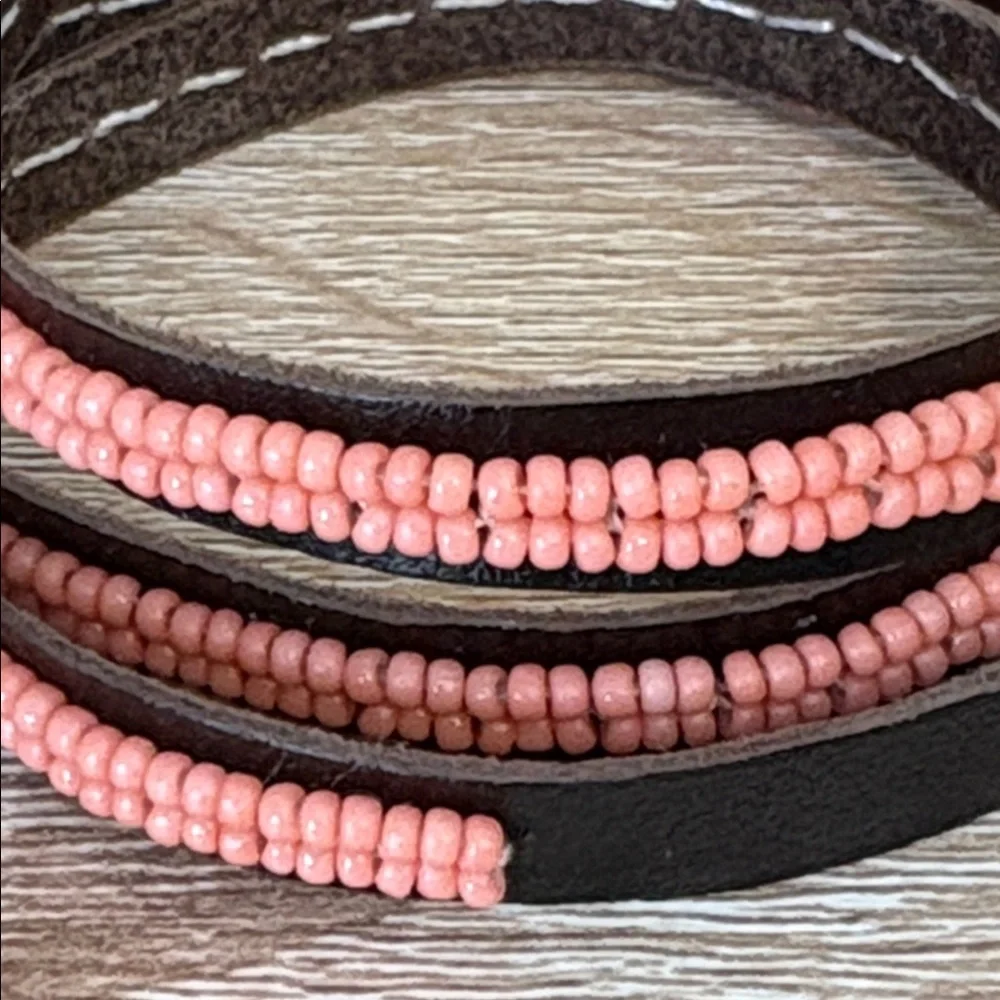S&D Triple Wrap Brown leather coral seed bead Bracelet Adjustable buckle clasp